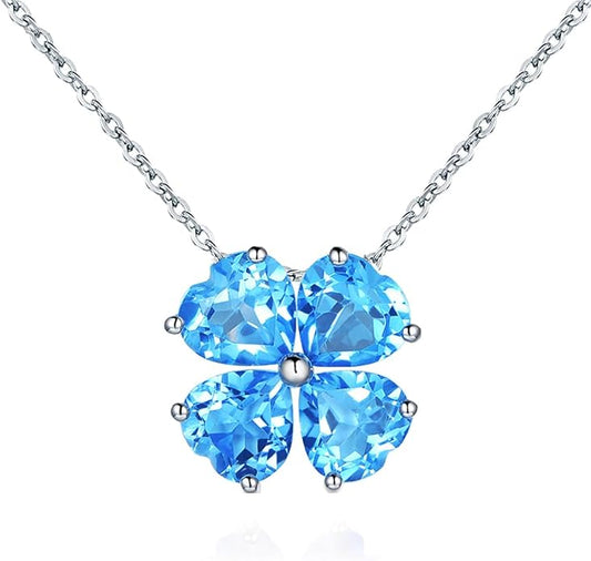 JIANGXIN Colorful Birthstone 925 Sterling Silver Handmade Pendant Necklace for Women Lucky Four Leaf Clover Plant Shamrock Jewelry Rhodium Plated