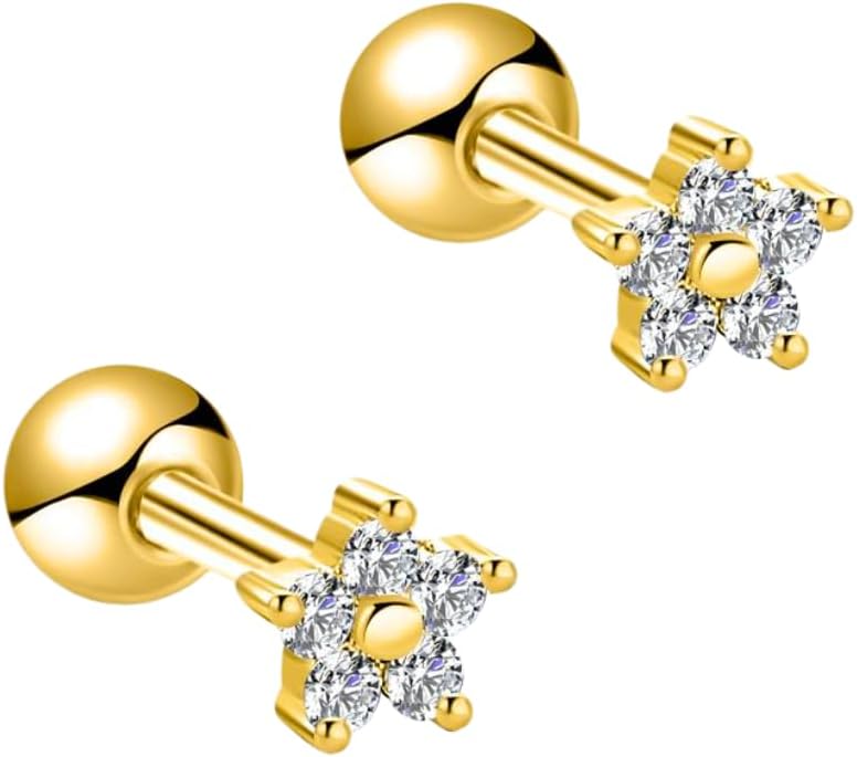 COSMO CARAT 14K Gold Plated Nap Earrings 925 Sterling Silver Star Moon CZ Stud Earrings Screw Back Hypoallergenic Celestial Tiny Cartilage Helix Second Piercing Earrings For Women
