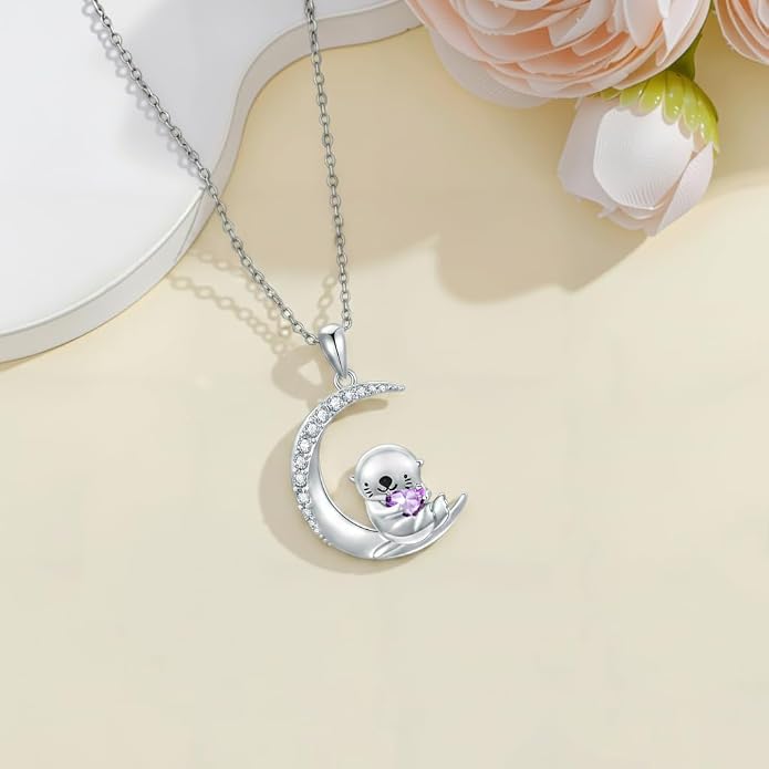 PROESS Animal Birthstone Necklace 925 Sterling Silver Otter/Axolotl/Hippo/Elephant/Dachshund/Monkey/Red Panda Pendant Necklace Animal Birthstone Jewelry Gifts for Women