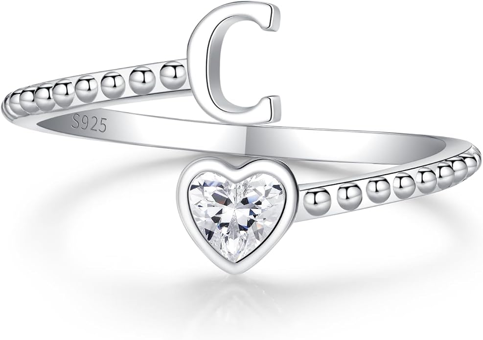 Step Forward 925 Sterling Silver Adjustable Initial Ring for Women | Non Tarnish Letter Rings for Lady | Alphabet Heart Thumb Rings | Capital Letter Jewelry Gifts