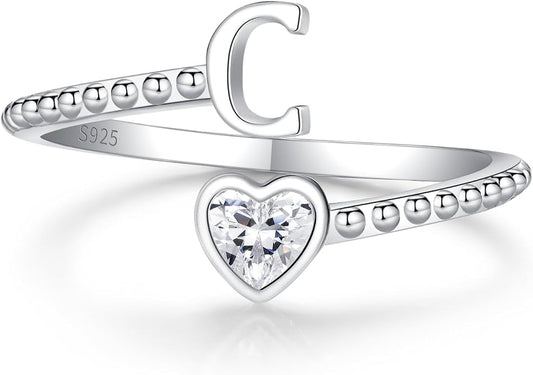 Step Forward 925 Sterling Silver Adjustable Initial Ring for Women | Non Tarnish Letter Rings for Lady | Alphabet Heart Thumb Rings | Capital Letter Jewelry Gifts