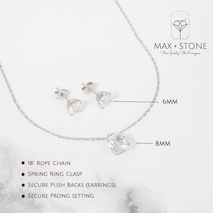 MAX + STONE 14k Gold Plated or Sterling Silver Cushion Cut Gemstone Stud Earrings and Pendant Necklace for Women with 6mm and 8mm Birthstones 18 Inch Chain and Push Backs Jewelry Set