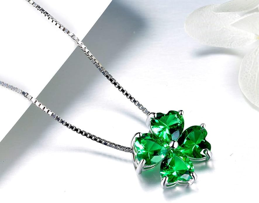 JIANGXIN Colorful Birthstone 925 Sterling Silver Handmade Pendant Necklace for Women Lucky Four Leaf Clover Plant Shamrock Jewelry Rhodium Plated