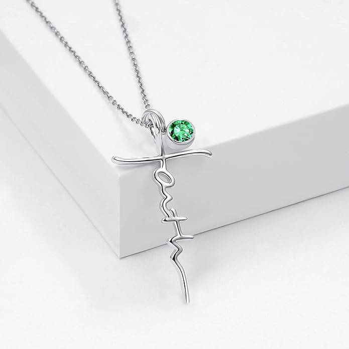 PRAYMOS Faith Cross Necklace for Women 925 Sterling Silver Pendant Necklace With Birthstone Initial Christian Religious Confirmation Baptism Mothers Day Gifts