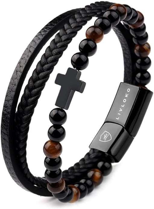 LONDON Mens Bracelet Leather Black Multi-Layer Stone Beads Adjustable Steel Clasp Viking Rope Bands Surfer Man Wristband Male UK Jewellery Gift box Boyfriend Dad Son Brother Tiger Eye