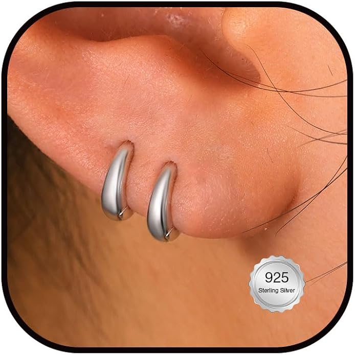 Hypoallergenic 925 Sterling Silver Chunky Hoop Earrings for Women, Tapered Lightweight Huggie for Sensitive Ears, Small Dainty Cartilage Ring for Lobe Helix Tragus, Second Hole Jewelry 6-12mm