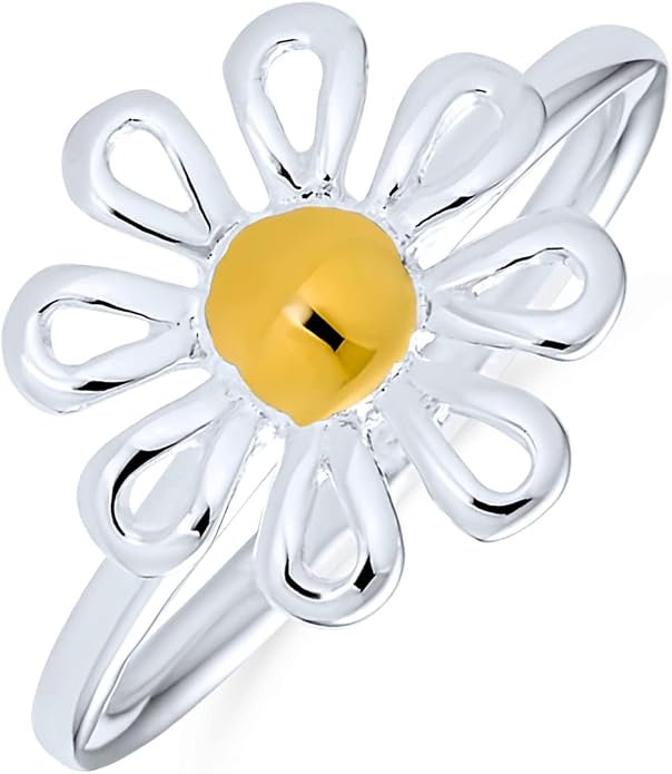 Bling Jewelry Delicate 14K Gold Plated .925 Sterling Silver Tiny Two Tone Flower Daisy Ring for Women and Teens Thin 1mm Band