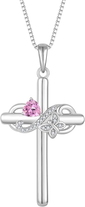 Infinity Butterfly Cross Necklace for Women 925 Sterling Silver Christian Religious Crucifix Pendant Birthstone Jewelry Gifts for Her
