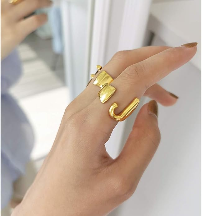 KeyStyle Bold Initial Letter Rings Adjustable, GoldChic Jewelry Women Gold Statement Ring Personalized Engraved Women’s Open Signet Ring for Party (Gold, White Gold, Black)