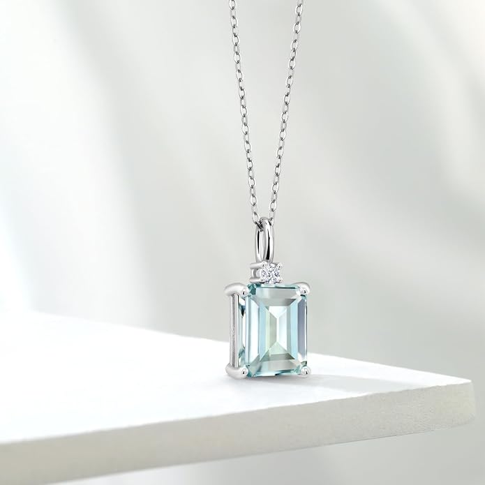 Gem Stone King 925 Sterling Silver Gemstone Birthstone Pendant Necklace for Women | Emerald Cut 10X8MM and Round 2MM | With 18 Inch Chain | Fine Jewelry for Her Mom Wife