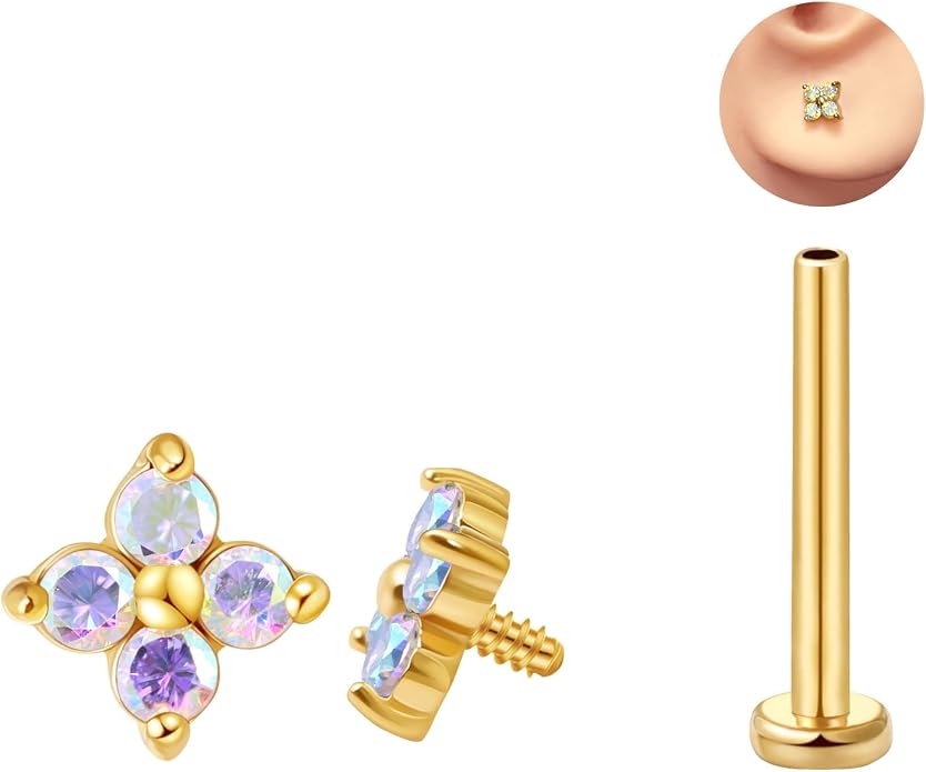 FANSING CZ Flower Internally Threaded Flat Back Earring Labret Stud for Cartilage Tragus Helix Conch