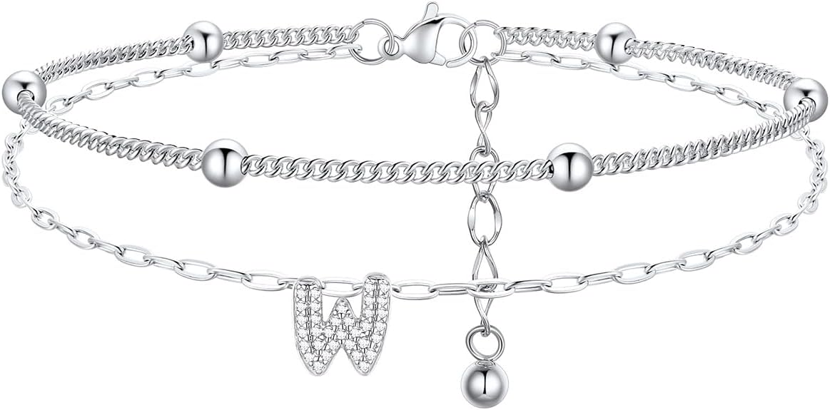FindChic Silver/14K Gold Plated Layered CZ Initial Ankle Bracelet for Women | Waterproof Stainless Steel, Cubic Zirconia Letter Charm, Non-Tarnish, Hypoallergenic, Adjustable Extender, Summer Jewelry