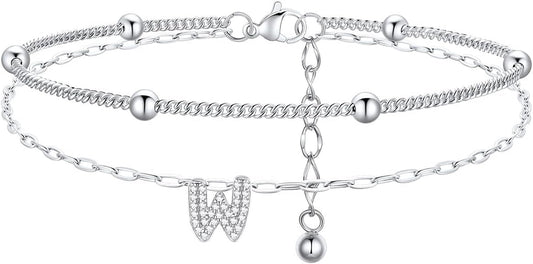 FindChic Silver/14K Gold Plated Layered CZ Initial Ankle Bracelet for Women | Waterproof Stainless Steel, Cubic Zirconia Letter Charm, Non-Tarnish, Hypoallergenic, Adjustable Extender, Summer Jewelry