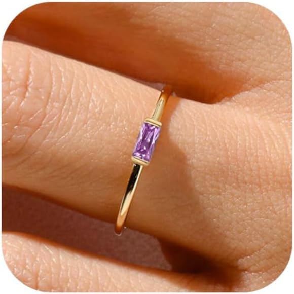RLMOON Birthstone Rings for Women Non Tarnish Gold Stackable Rings Dainty 14K Gold/Silver Plated Baguette CZ Emerald Green Pinky Ring Personalized Jewelry Gift for Birthday Size 4-10