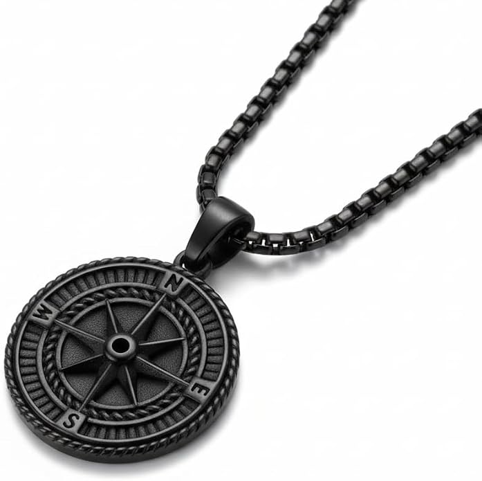 Galis Mens Necklace - Premium Stainless Steel Silver Chain Necklace, Non Tarnish, Chains, Triangle, Cross, Black Enamel, Compass Pendant, Stylish Jewelry - Gift for Him 24"