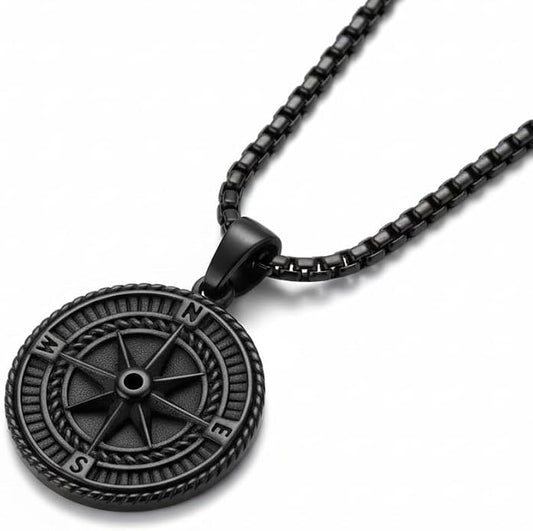 Galis Mens Necklace - Premium Stainless Steel Silver Chain Necklace, Non Tarnish, Chains, Triangle, Cross, Black Enamel, Compass Pendant, Stylish Jewelry - Gift for Him 24"