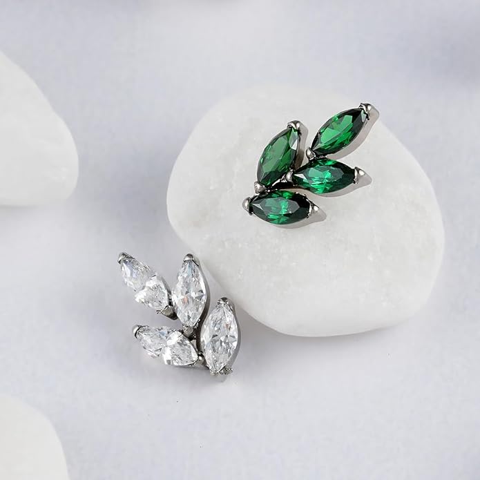 FINE4U 1PC Leaf Flat Back Stud Flat, Helix, Conch, Tragus 6mm 8mm - ASTM F136 Titanium Screw on Body Piercing Jewelry