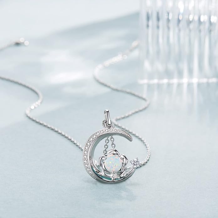 Birthstone Necklace for Women Sterling Silver Moon Pendant Necklaces Anniversary Birthday Fine Jewelry Gifts for Her Women Mother, Adjustable Chain