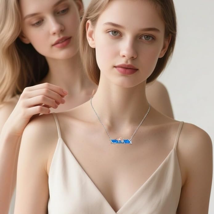 Bar Opal Leaf Necklace For Women S925 Sterling Silver White Opal Pendant with Leaf Charm Bar Pendant Jewelry Gift For Mom Daughter Wife