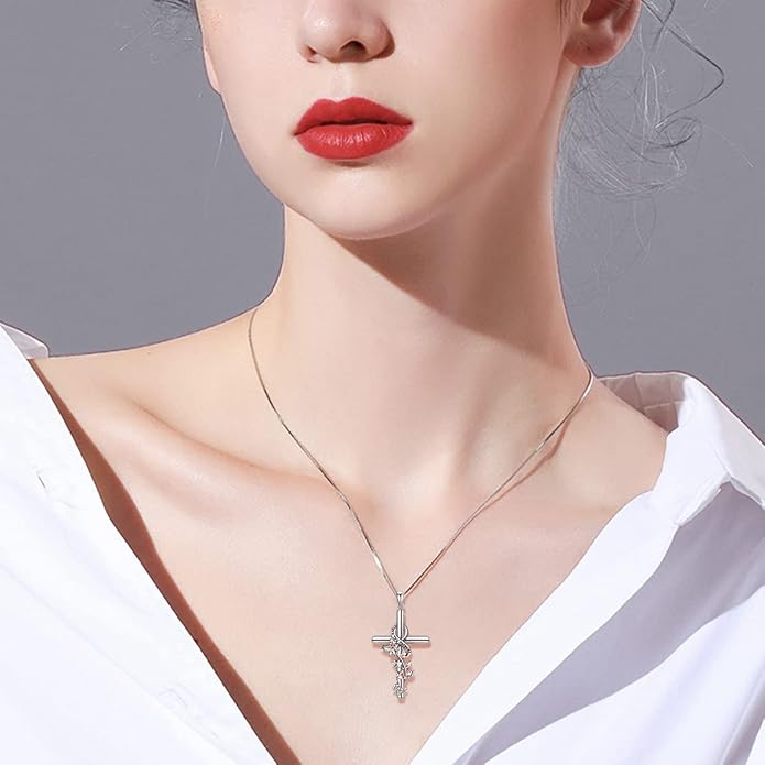 Cross Necklace for Women 925 Sterling Silver I Love You Necklace Religious Jewelry with Gift Box for Mother Daughter