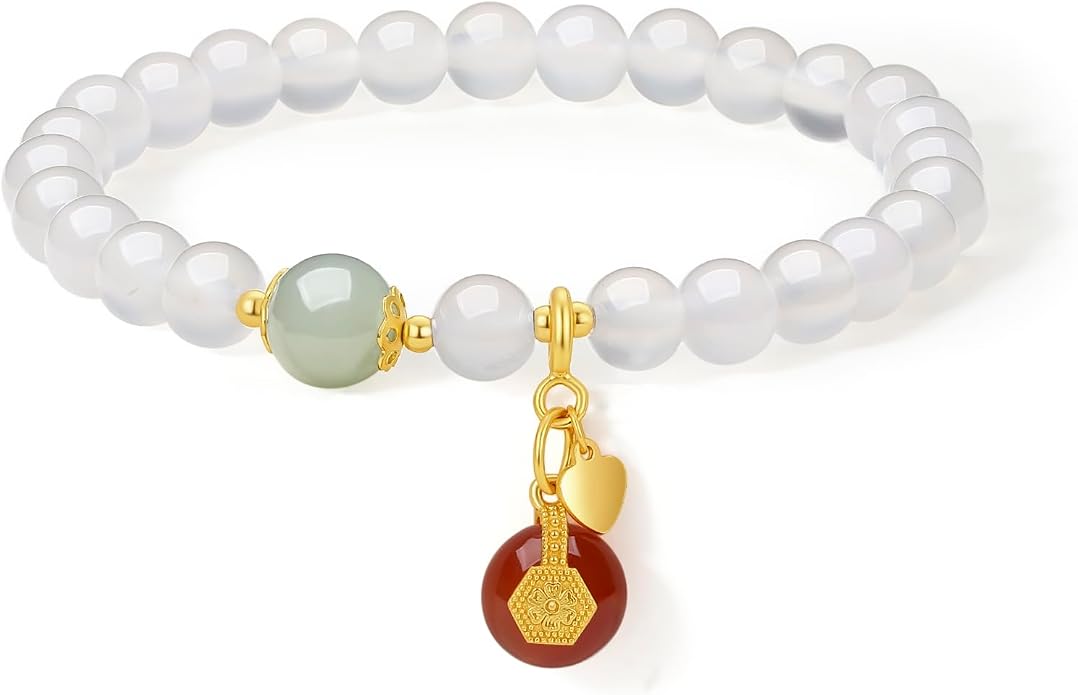 ZHOU LIU FU Silver Beaded Bracelets for Women Adjustable Silver Carnelian Roll White Chalcedony Gemstone Stretch Bracelets Mom Birthday