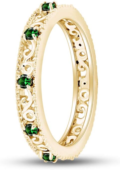Jewel Zone US Filigree Eternity Wedding Band Ring for Women, Round Cut Simulated Gemstone Stackable Promise Ring in 14K Gold Plated 925 Sterling Silver Band Width 3.5mm – Elegant Jewelry for Her