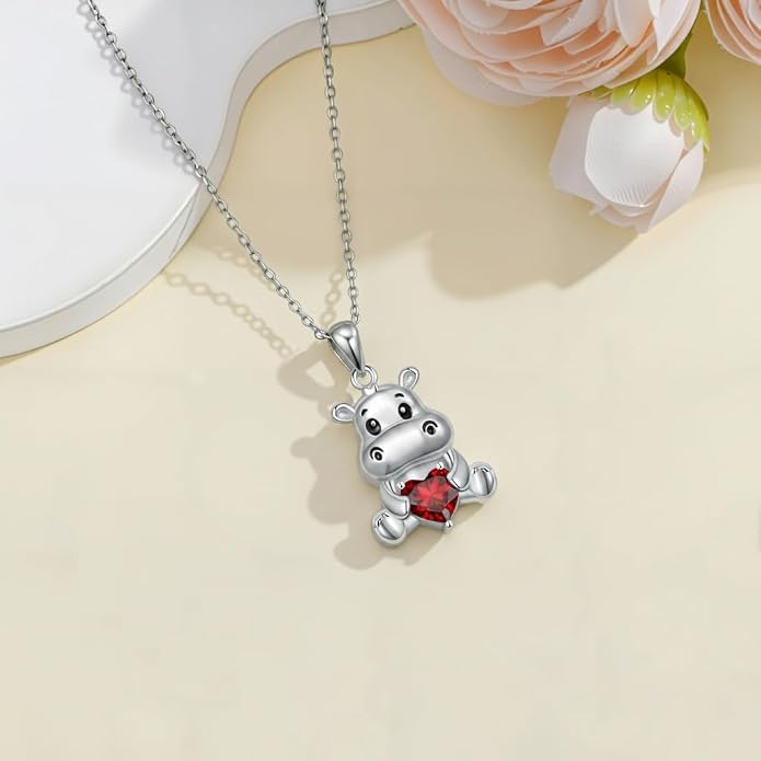 PROESS Animal Birthstone Necklace 925 Sterling Silver Otter/Axolotl/Hippo/Elephant/Dachshund/Monkey/Red Panda Pendant Necklace Animal Birthstone Jewelry Gifts for Women