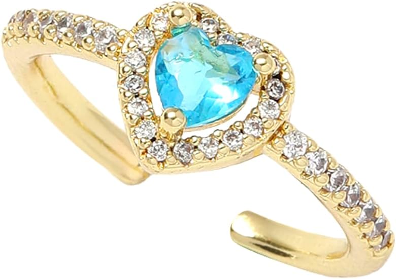Gold Birthstone Rings for Women Non Tarnish 14k Gold Plated Dainty Heart Rings Adjustable Size Cubic Zirconia Ring Gold Simulated Gemstone Rings Birthday Gifts for Women