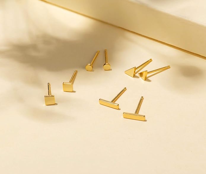 EPIRORA Sterling Silver Stud Earrings for Women Men- 4 Pairs of Hypoallergenic Simple Geometric Small Stud Earring Set Tiny Circle Triangle Square Bar Stud Earrings Mini Cartilage Tragus Earrings