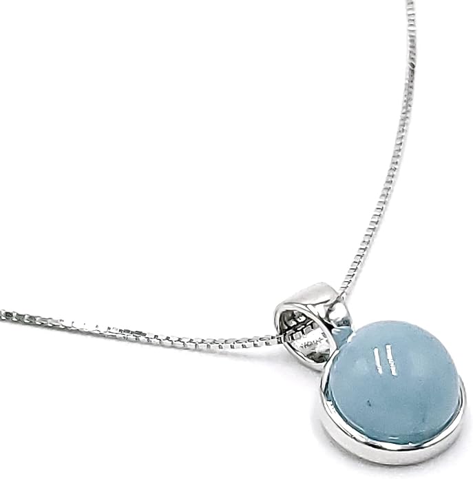 Natural gemstone 8mm round pendant with white gold over 925 sterling silver bezel cabochon plate and box chain, real genuine dainty birthstone gift for her, uniquelan jewelry