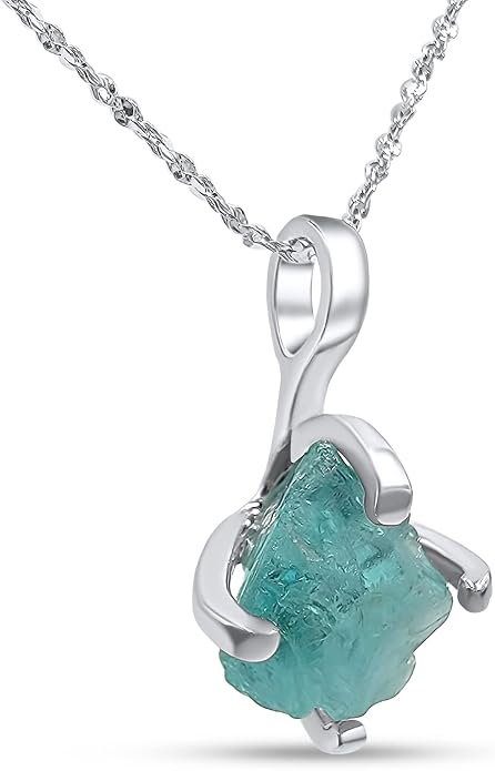 Natural raw gemstone pendant chain necklace with white gold over 925 solid sterling silver, birthstone dainty solitaire gift for her, uniquelan jewelry