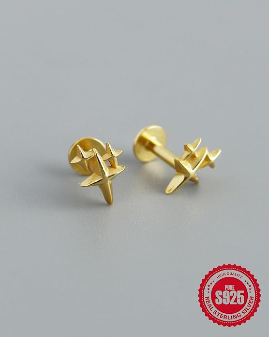 925 Sterling Silver Star Flat Back Cartilage Earrings Helix Tragus Conch Studs Hypoallergenic Internally Threaded Pair Minimalist Labret Lip Nose Ear Piercing Jewelry