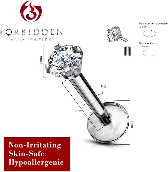 16 g Titanium Internally Threaded Tragus Piercing Jewelry CZ Top Flat Back Piercing Nose Studs Earring, Helix, Cartilage, Labret, Monroe for Women or Men