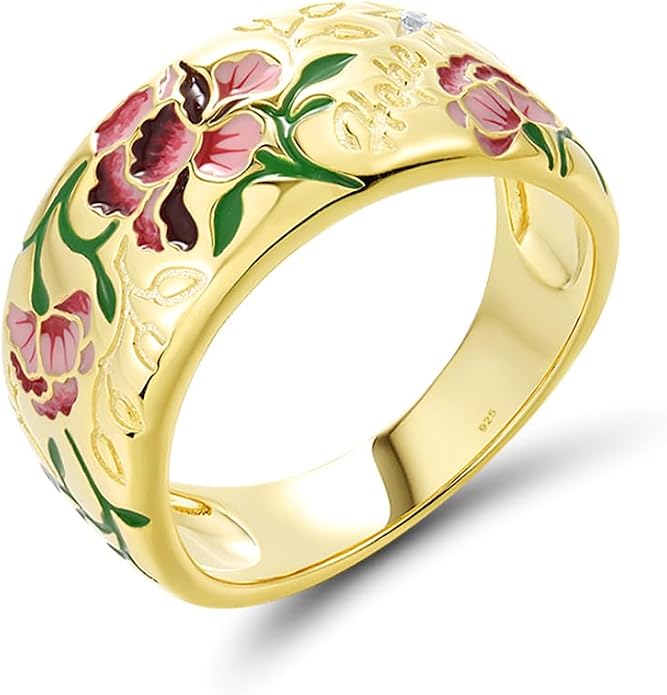 Santuzza 925 Sterling Silver Enamel Flower Pattern Ring for Women