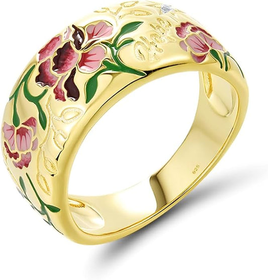 Santuzza 925 Sterling Silver Enamel Flower Pattern Ring for Women