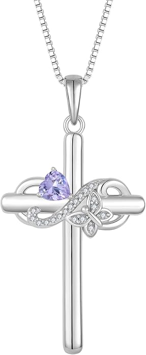Infinity Butterfly Cross Necklace for Women 925 Sterling Silver Christian Religious Crucifix Pendant Birthstone Jewelry Gifts for Her