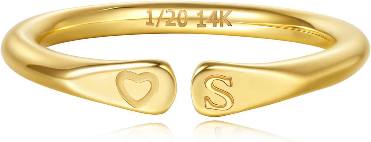 14k Gold Filled Hand Carving Initial Rings for Women Non Tarnish Wedding Heart Shaped Bands for Women