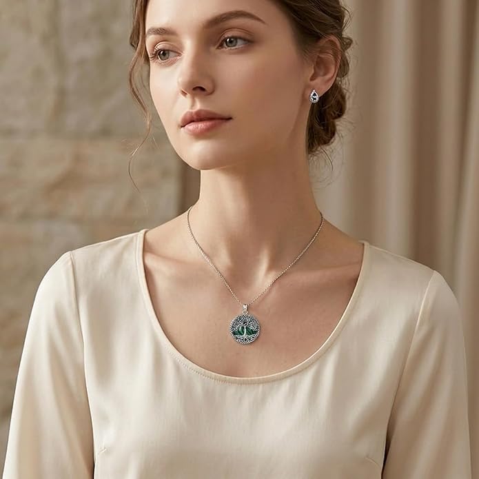 Tree of Life Necklace 18K White Gold Plated Turquoise/Pearl Shell/Malachite/Abalone Shell/Blue Opal/Black Onyx Tree Necklace Jewelry Gift for Women Men,22+2"