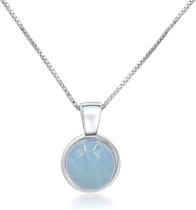 Natural gemstone 8mm round pendant with white gold over 925 sterling silver bezel cabochon plate and box chain, real genuine dainty birthstone gift for her, uniquelan jewelry