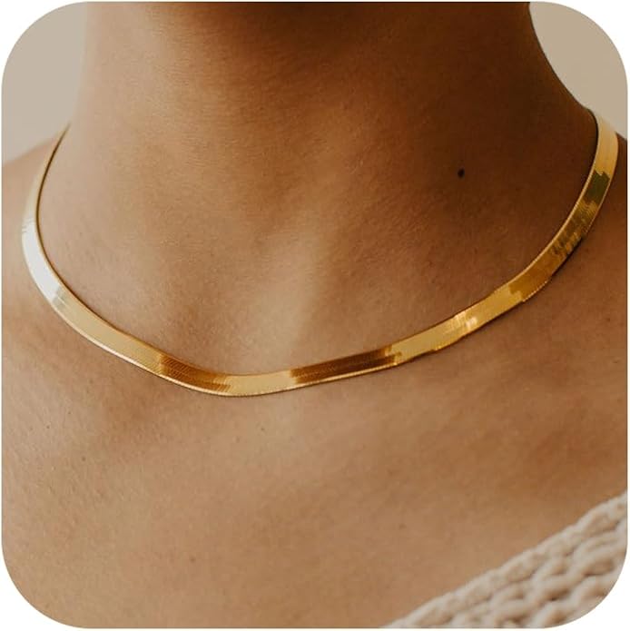 NECOCY 14K Gold Plated Necklaces for Women, Dainty Gold Herringbone Choker Necklace Thin Layered Snake Chain Jewelry for Gifts