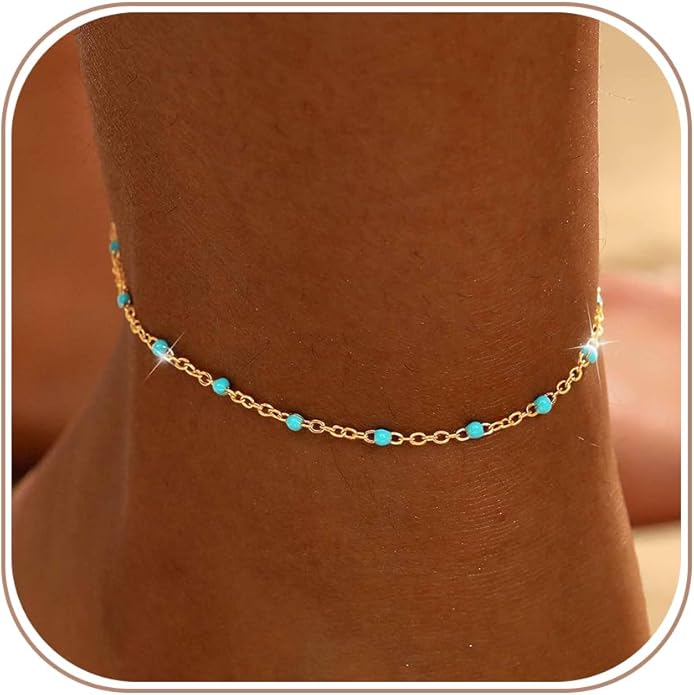 Ankle Bracelets for Women 14K Gold/Silver Plated Cross Heart Bead Anklet Waterproof Adjustable Chain Non Tarnish Cute Boho Trendy Dainty Summer Beach Foot Jewelry Gift for Her