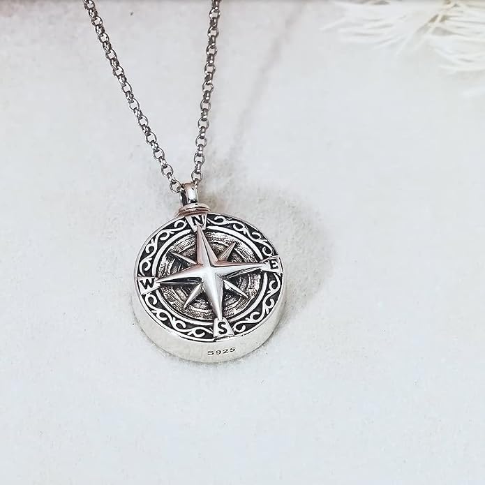 VONALA Halloween Necklace Sterling silver Pirate Skull Thor Hammer Wolf Compass Necklace for Men Compass Urn Necklace for Ashes Nordic Viking Jewelry Women
