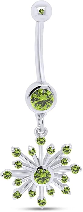 AFFY Snowflake Belly Button Ring for Women Simulated Birthstone, Round Cut Gemstone in 14K Gold Over 925 Sterling Silver, Navel Barbell Piercing Jewelry for Her