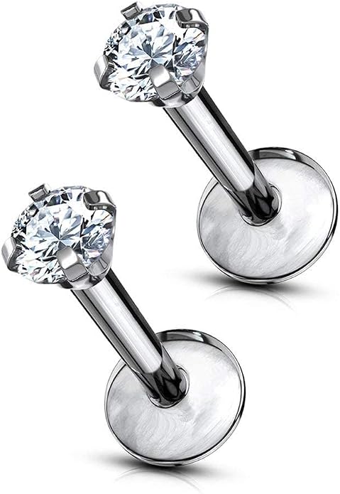 16 g Titanium Internally Threaded Tragus Piercing Jewelry CZ Top Flat Back Piercing Nose Studs Earring, Helix, Cartilage, Labret, Monroe for Women or Men