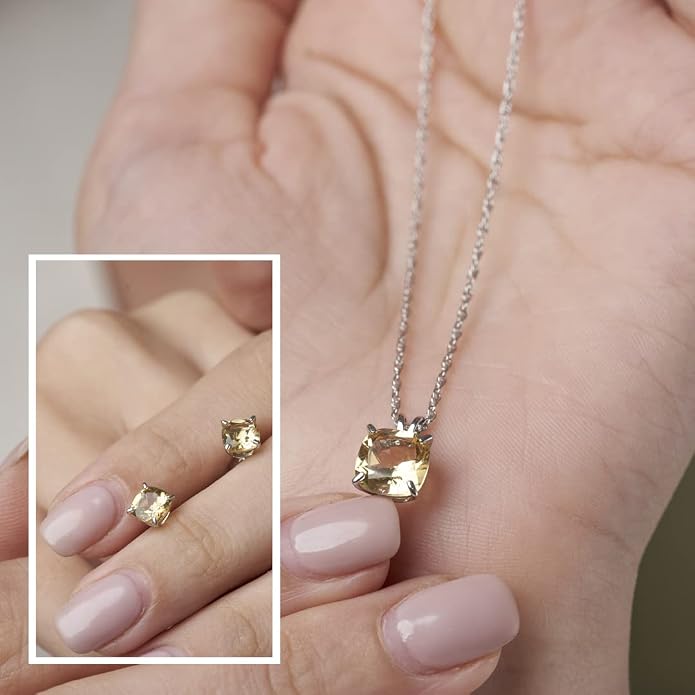 MAX + STONE 14k Gold Plated or Sterling Silver Cushion Cut Gemstone Stud Earrings and Pendant Necklace for Women with 6mm and 8mm Birthstones 18 Inch Chain and Push Backs Jewelry Set