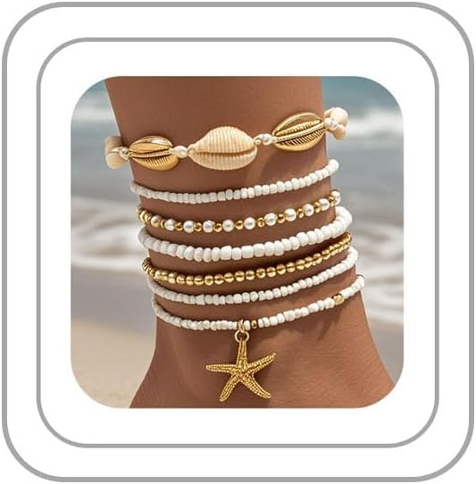 Mermaid Starfish Anklet Bracelets for Women Bohemian Beaded Anklet Adjustable Rice Bead Anklets Bracelet Handmade Woven Hawaiian Beach Seashell Pearls Waterproof Anklets Summer Beach Mermaid Jewelry