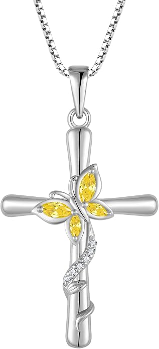 Cross Necklace for Women 925 Sterling Silver Butterfly Necklace Birthstone Pendant Created Gemstone Jewelry Gifts for Women