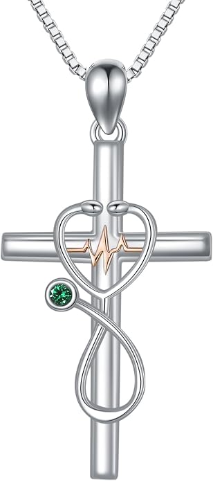 HPQQ Gifts for Nurse Sterling Silver Stethoscope Cross Necklace Nurses Birthstone Jewelry Nursing Themed Medicine Nurses Week Graduation Gifts Doctor Medical Student RN