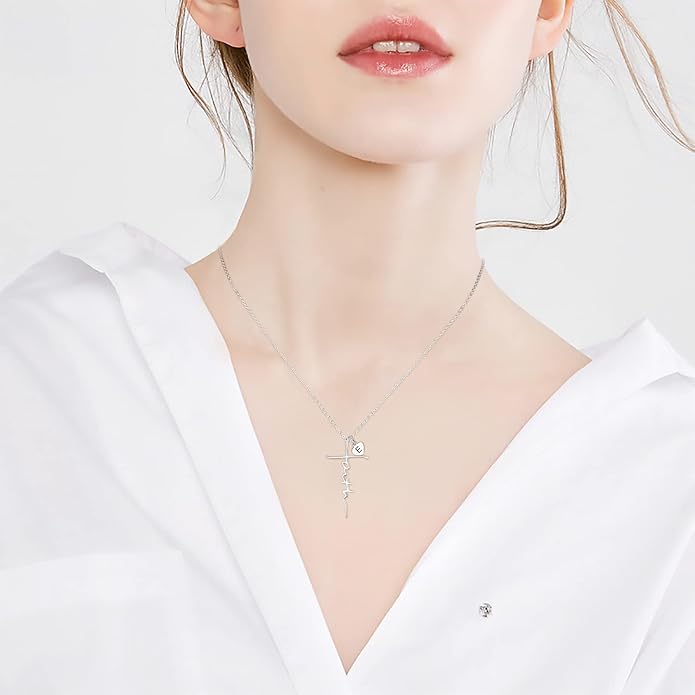 PRAYMOS Faith Cross Necklace for Women 925 Sterling Silver Pendant Necklace With Birthstone Initial Christian Religious Confirmation Baptism Mothers Day Gifts