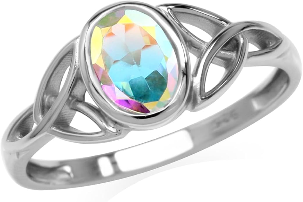 Silvershake 7x5MM Oval Shape Birthstone Gemstone White Gold Plated or 18K Yellow Gold Plated 925 Sterling Silver Triquetra Trinity Celtic Knot Solitaire Ring Jewelry for Women